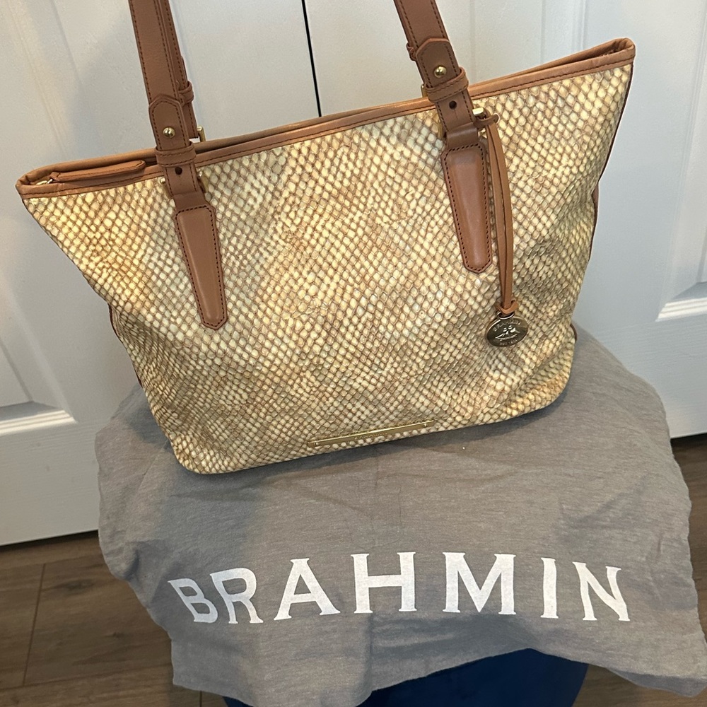 Brahmin Snakeskin Asher Beige Hartford Neutral Tote